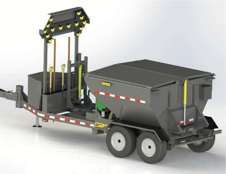 Hot Box Trailer for asphalt repair, articulated hydraulic gate visible